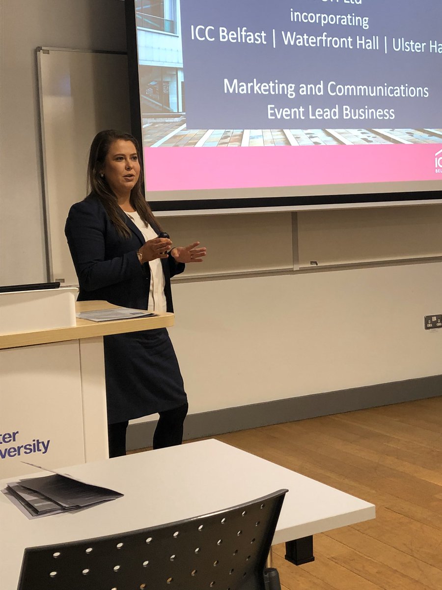 Fantastic opportunity for our @UlsterBizSchool #CAMUUBS and #IHMUUBS final year students to gain valuable insights into @BelfastICC marketing activities from Ciara Davidson. Always great to welcome back @UlsterUni graduate! #BusinessTourism