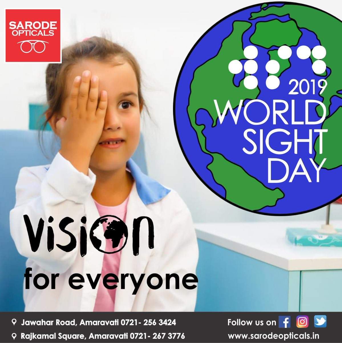 sarodeopticals's tweet image. Globally, 2.5 Billion people suffer from uncorrected refractive errors. This World Sight Day, put your vision first and Book an eye test today.
#sarodeopticals #eyesfirst #optician #opticals #spectacles #sunglasses #contactlenses #progressivelens  #amravati #worldsightday2019