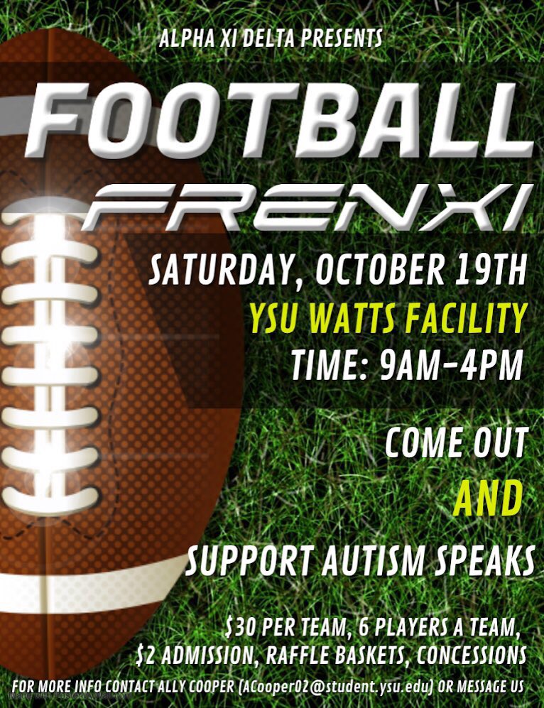 WHO IS UP FOR SOME FOOTBALL?!

Come out and support Autism Speaks by creating a flag football team to try and win! 🏈🏆

Not so athletic? That’s okay! We’ll have COOL raffle baskets, concessions, and a front row seat to support the playing teams 🤩