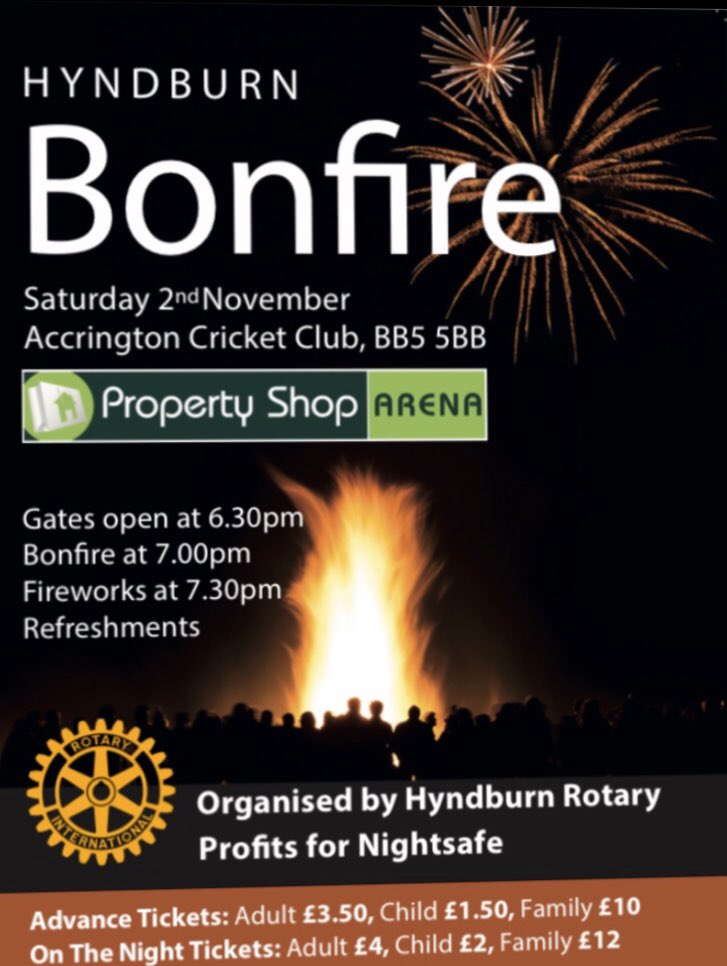 AccringtonCC's tweet photo. Bonfire Night 2019 at the @PropShopArena Advance tickets available from Dixon’s News Food &amp; Wine, Marlborough Rd....The Peel Park Pub and Accrington CC (@PropShopArena Thorneyholme Rd) by prior arrangement email kcsnedds@aol.com for more details 🔥 https://t.co/u4OWJtJULn