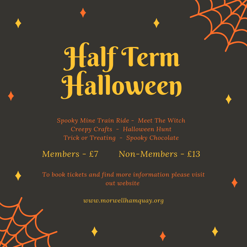Our Halloween Half Term isn't far away!

Tickets and more information can be found on our website - morwellhamquay.org 

#Devon #Cornwall #Halloween #HalloweenCountdown #thingstodo #MorwellhamQuay #Spooky #Witch #MineTrain