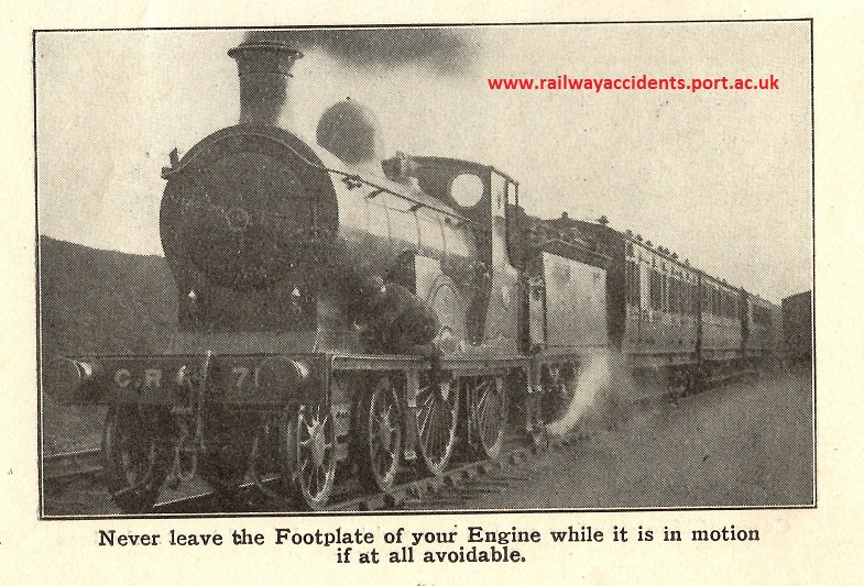 Donegal - 3 injuries.On 21/07/1912 nr Clar Bridge station driver P Gallinagh climbed on footstep of his loco as it was moving; his arm hit a passing footbridge & his head hit the footstep.He was told he should have stopped the engine before going onto the footstep.
