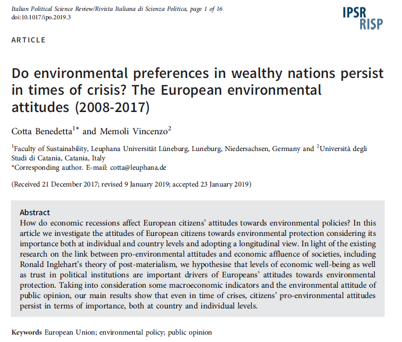 Ita_PolSc_Rev's tweet photo. Have a look at our first #OpenAccess article:
Did the #GreatRecession affect European citizens’ attitudes towards #environment protection?
✅ B.Cotta &amp; @MemoliVin show that pro-environmental attitudes persist even in time of #crisis 🌏
#postmaterialism 👇
https://t.co/dEMRr69frl https://t.co/lgbdJnP7ga