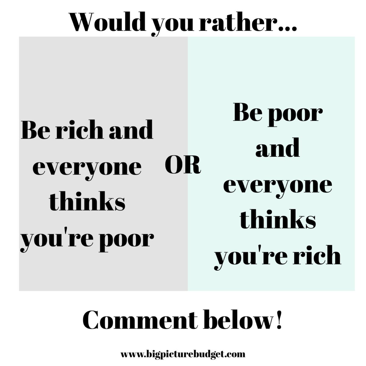 BigPicBudget's tweet photo. Appearance isn't always reality.  Would you rather be rich and have everyone think you're poor or be poor and have everyone think you're rich? Explain your choice in the comments below. #money #freedom https://t.co/RxpKF7NkGA