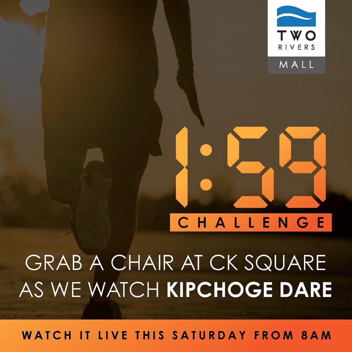 TwoRivers_KE's tweet photo. We are moments away from @EliudKipchoge 's attempt at re-writing history at the #ineos159challenge.
Take a front row seat and be part of this spectacular fete tomorrow at the CK Square. A moment #TwoGoodToMiss. #Eliud159 https://t.co/Kx8XgeL4vs