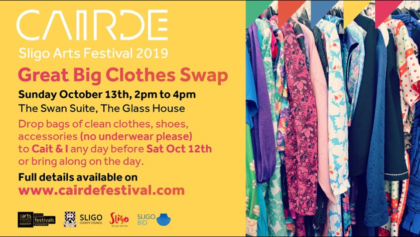 ClimateFestMayo's tweet photo. Another great event happening in Sligo - Cairde's Great Big Clothes Swop.
Cairde Sligo Arts Festival is hosting another great big Clothes Swap at The Glasshouse, Swan Suite on Sunday Oct 13th from 2pm to 4pm. An environmentally friendly way to completely re-vamp your wardrobe! https://t.co/aqBn7TOhGo