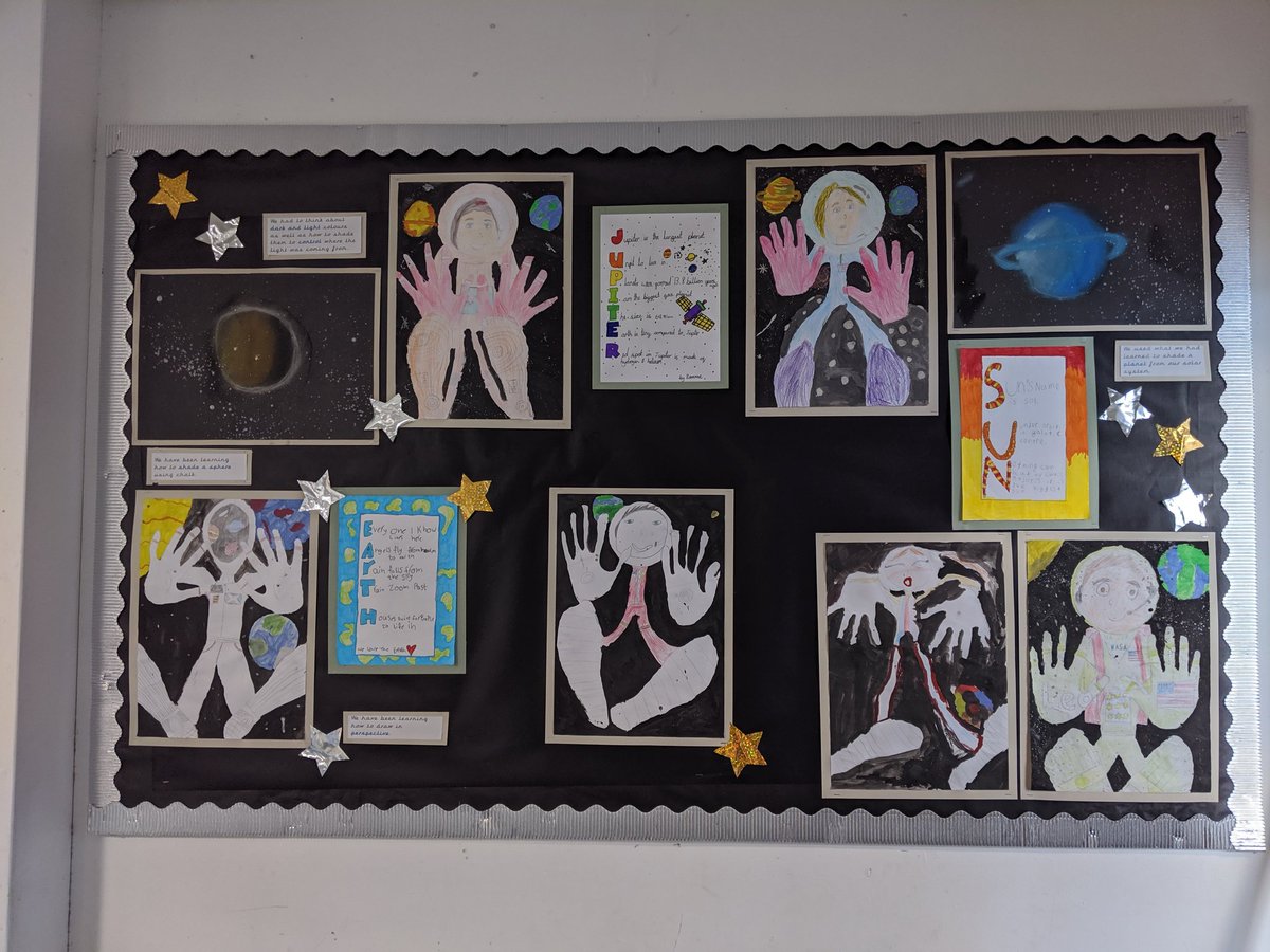 MissSneddon1's tweet photo. Amazing work by P6a on our topic of Space this term. We learned how to shade a sphere to make a planet, draw ourselves as astronauts floating in space and how to write an acrostic poem. And loads more! Ask us about our learning! #talentedclass #space #art https://t.co/G7FZhWofB7