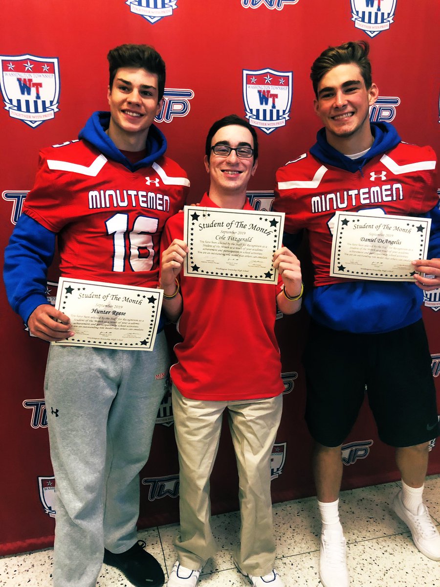 WTHSMinutemen's tweet photo. Hunter Reese, Cole Fitzgerald, and Danny DeAngelis being honored as the September Student of the months! Minutemen getting it done in the classroom! Congratulations fellas! @WTHS_Athletics https://t.co/C9uLGe2Amm