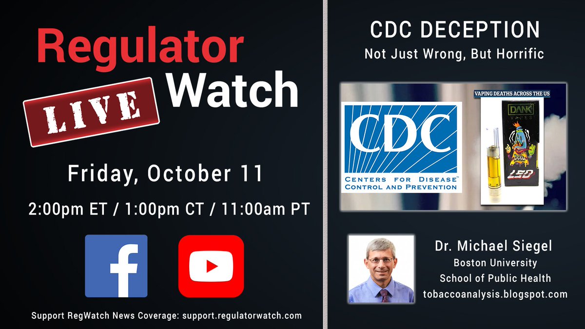 brentstafford's tweet image. CDC DECEPTION | Not Just Wrong, But Horrific | Reg Watch (Live) ***Returning guest: Dr. Michael Siegel*** (Oct. 11, 2019 @ 2pm ET / 1pm CT / 11am PT) youtu.be/ry4MztxNcHA @CDCgov @FDATobacco #VapingBan #Vapingsaveslives #NoFlavorBan