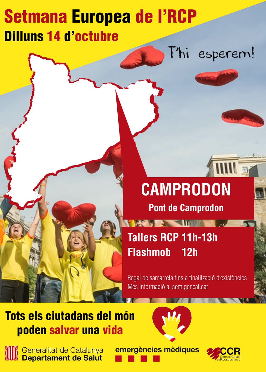 semgencat's tweet photo. Vols aprendre a fer RCP? Demà al matí el #SEM serà a #Tàrrega a #Tremp i a #Camprodon. T'hi esperem! #JofaigRCP https://t.co/1Qfh06l93T