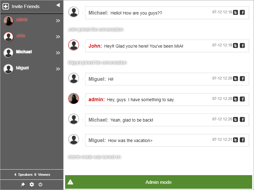 RumbleTalk's tweet image. Coming soon: admin mode, you can easily mute all users.

As the admin, after mutting all, only you and the other admins can talk. Members will be forced to listen. Great for announcements, online classes, and more
buff.ly/2Qgj1lb

#adminmode #mutechat #groupchatmute