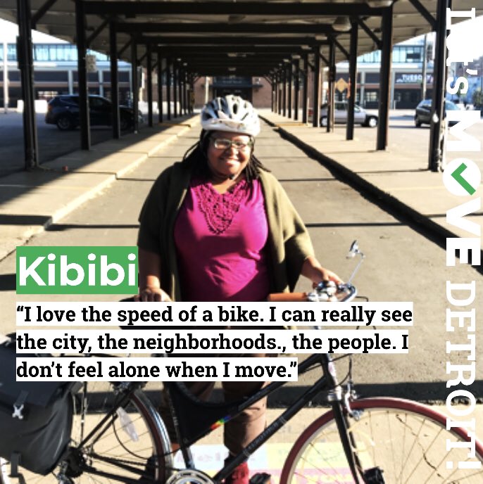 LetsMoveDetroit's tweet photo. Kibibi says she loves the speed of a bike. She can truly see the city and never feels alone. #letsmovedetroit #bikedetroit #cycledetroit #streetsforpeople #completestreets https://t.co/F4DYV1Co37