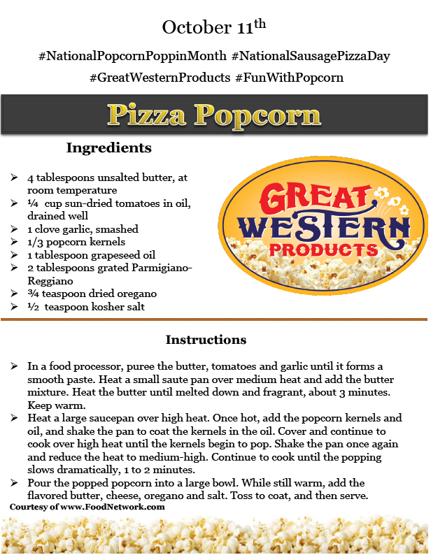 Gr8_Western's tweet photo. In honor of National Sausage Pizza Day we are serving up a recipe for Pizza Popcorn! #NationalPopcornPoppinMonth #NationalSausagePizzaDay #GreatWesternProducts #FunWithPopcorn #Popcorn #HealthySnacks #ILovePopcorn #PopcornPoppinMonth https://t.co/2PI5sufgE6