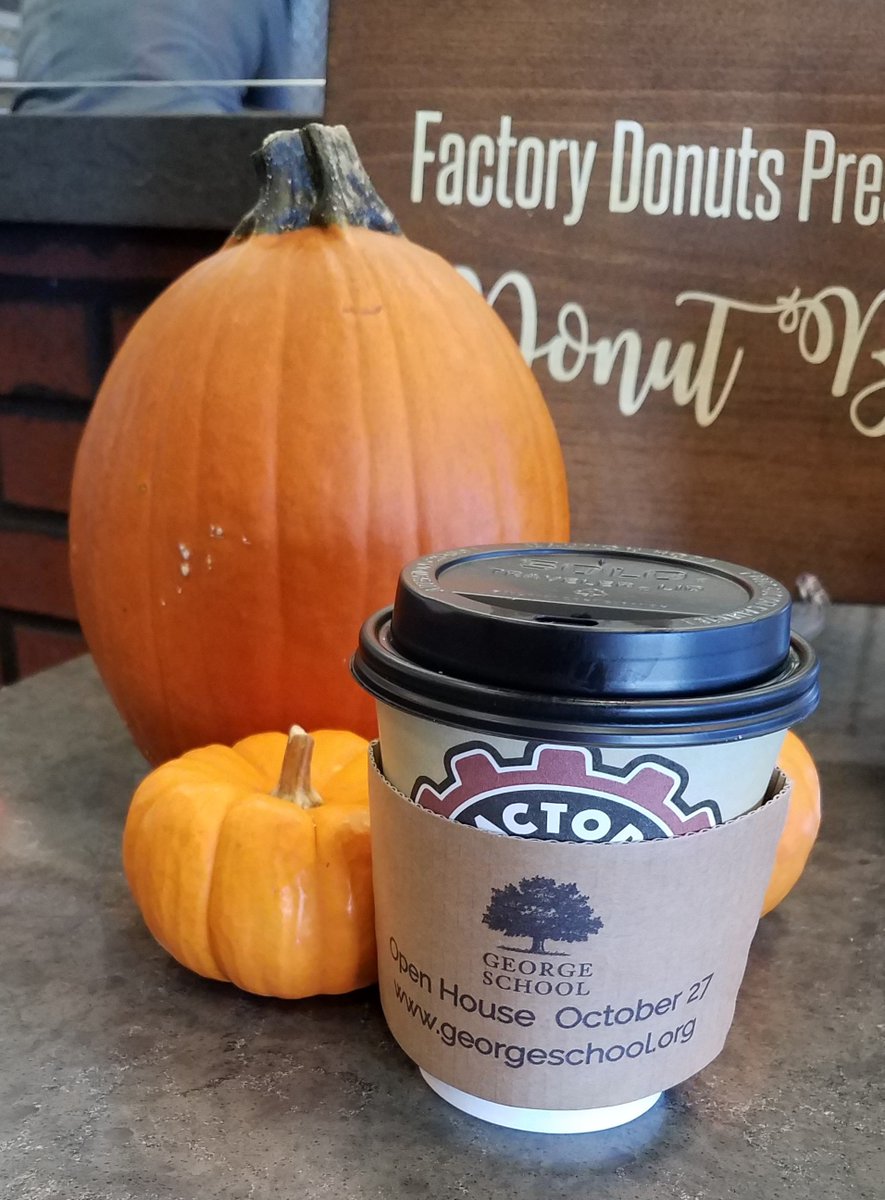 GeorgeSchool's tweet photo. Thanks to Factory Donuts in #Newtown for sporting our #GeorgeSchool coffee sleeves! Stop in today for a warm cup of coffee and a delicious donut. All are invited to join us on Sunday, October 27 for our fall Open House! #SayYesToGS https://t.co/XtsCfft4pX