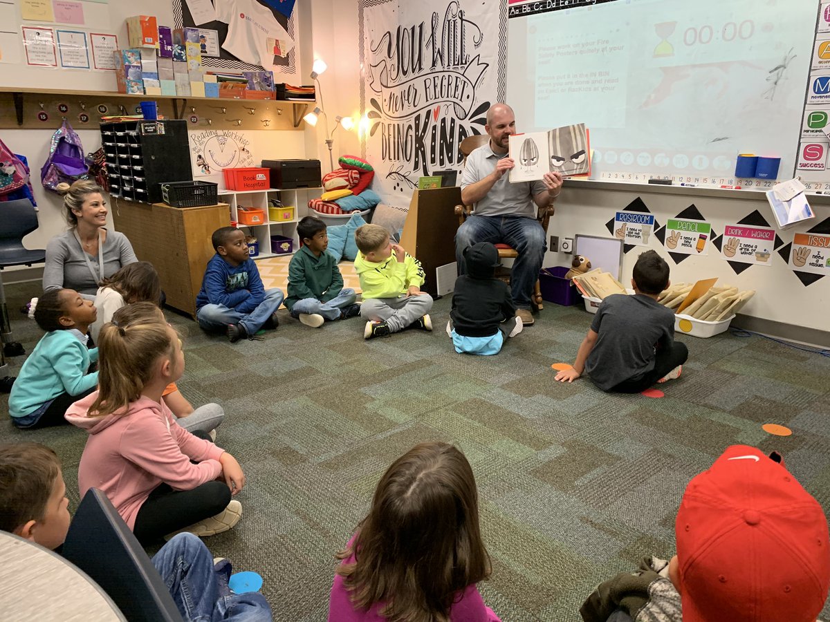 First graders in Mrs. Rivera’s class <a href="/Summer_Rivera/">Summer Rivera</a> at BCE <a href="/bces1st/">Bear Creek 1st Grade</a> with our amazing principal <a href="/BryanCalvert3/">Bryan Calvert</a> !  Thanks for being our very first Mystery Reader!