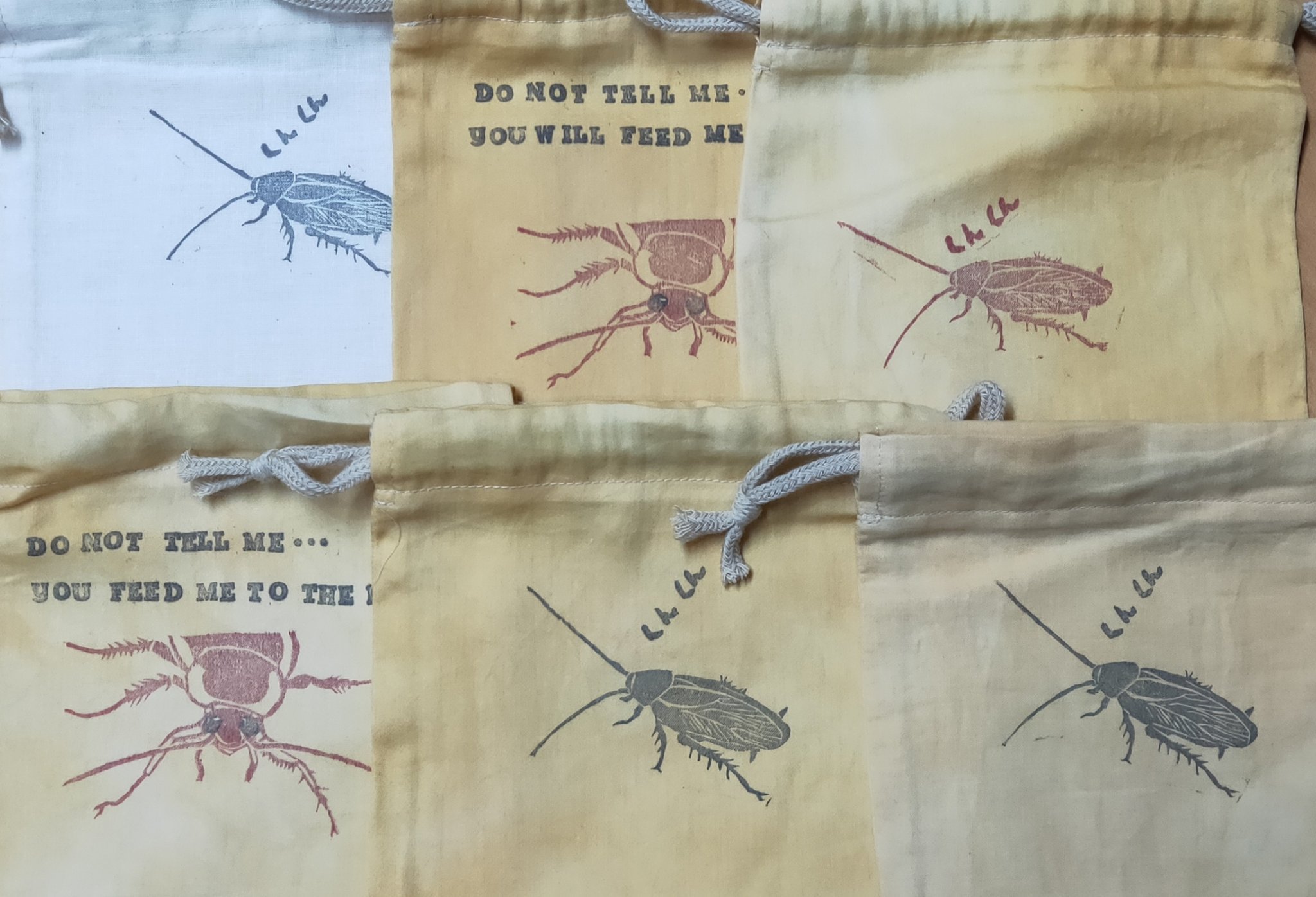 節足動物園 Arthropod Zoo ゴキブリは玉ねぎに寄ってくる という面白い事実をわかり易く身近に伝えるグッズが爆誕しました 玉ねぎの皮で染めた鮮やかなサンイエローの生地に 家と飼育でお馴染みの あのゴキブリ をあしらった巾着袋です 東京