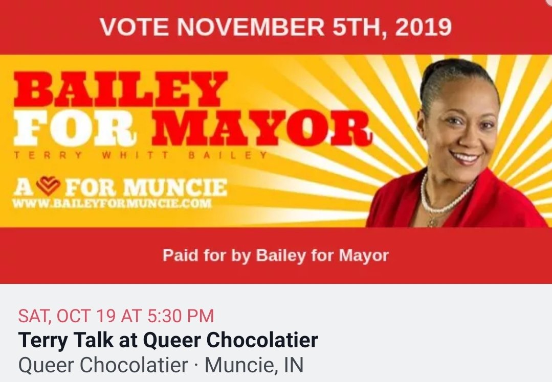 BaileyForMuncie's tweet photo. Come out &amp; meet @twhittbailey at @queerchocolatr on Sat, Oct 19th from 5:30-7p &amp; hear about her vision for Muncie. Terry will discuss student housing, the state of The Village, brain drain, Muncie's relationship with BSU &amp; more! Most importantly Terry wants to hear from you! https://t.co/vlReZTjudS