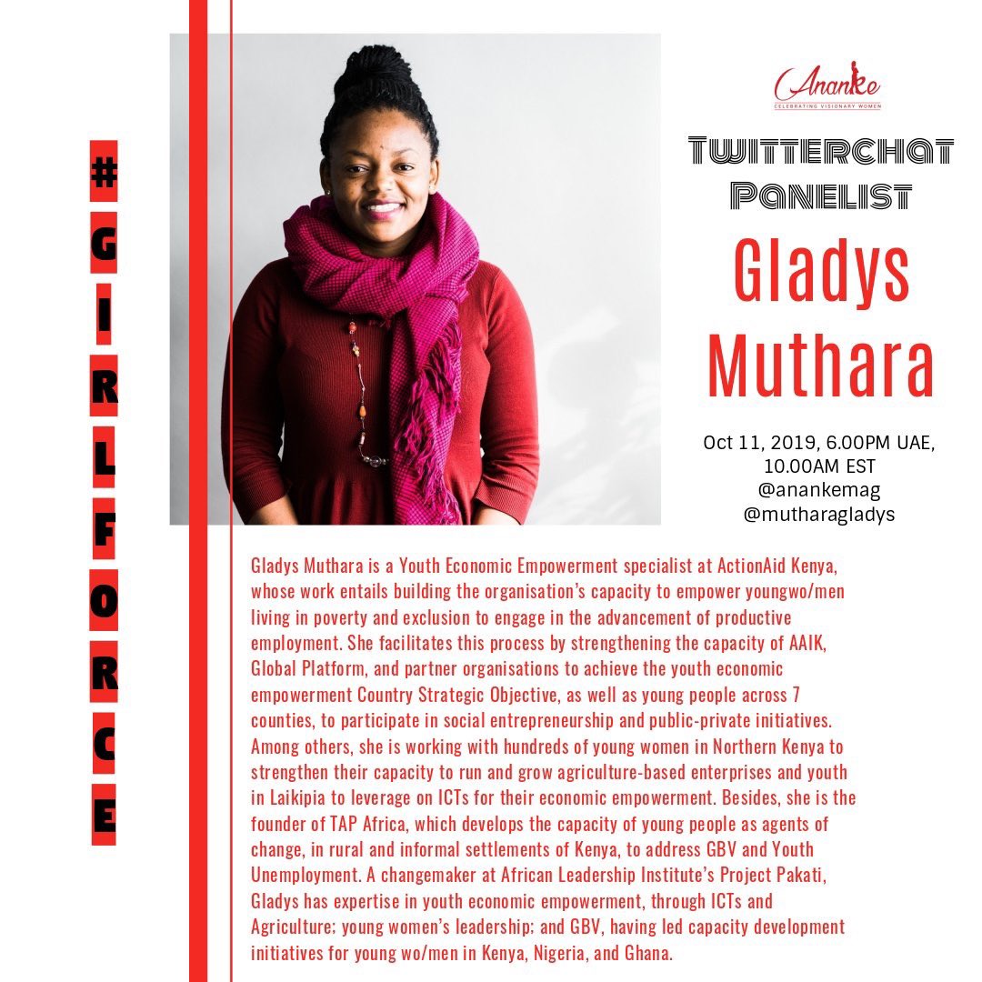anankemag's tweet photo. In less than an hour ... @mutharagladys - one of our panelists will be celebrating #DayoftheGirl2019 with us; talking abt her organization @africa_tap &amp; her groundbreaking program #DLEEP - join us to know more #girlforce #DayoftheGirl @critoe @bub_mel https://t.co/2QD9fBvBle