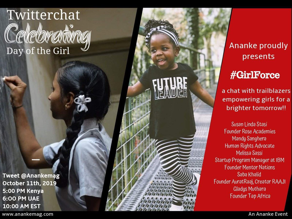 anankemag's tweet photo. In less than an hour ... @mutharagladys - one of our panelists will be celebrating #DayoftheGirl2019 with us; talking abt her organization @africa_tap &amp; her groundbreaking program #DLEEP - join us to know more #girlforce #DayoftheGirl @critoe @bub_mel https://t.co/2QD9fBvBle