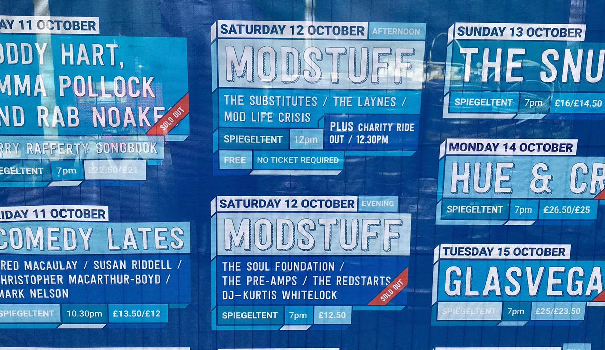 LNPPromotions's tweet image. The 7th annual #ModStuff #Paisley takes over The Spiegeltent County Square all day &amp;amp; into the evening, tomorrow Saturday 12th October as part of @SpreeFestivalR
Running order in pictures 
Weather has been arranged 😎 🌤🌦 We hope you have an amazing and fab day 😊