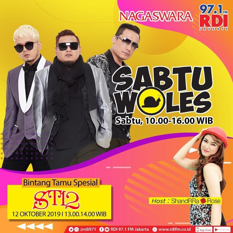 ShandRRaHolic_Official (@shandraholic_id) on Twitter photo Sobat <a href="/rdi971/">97.1 FM RADIO RDI JKT</a> jangan lupa yaa, besok di #SabtuWoles bakal kedatangan <a href="/official_st12/">ST12 Band</a> jam 1-2 siang.
Tentunya dengan format baru yang lebih segar. π
Penyiar kesayangan kita <a href="/shandRRa_rose/">ShandRRa Rose</a> tentunya masih setia menemani dari jam 10pg - 4sore. Sobat <a href="/rdi971/">97.1 FM RADIO RDI JKT</a> jangan lupa yaa, besok di #SabtuWoles bakal kedatangan <a href="/official_st12/">ST12 Band</a> jam 1-2 siang.
Tentunya dengan format baru yang lebih segar. π
Penyiar kesayangan kita <a href="/shandRRa_rose/">ShandRRa Rose</a> tentunya masih setia menemani dari jam 10pg - 4sore.