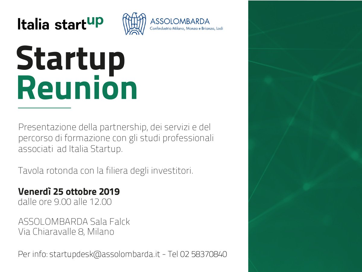 🚀Conosci la partnership che offre alle #startup servizi e #formazione e incontra gli #investitori in startup!

📆Venerdì 25 ottobre 2019 - Ore 9.00 
<a href="/Assolombarda/">Assolombarda</a> Sala Falck 
Via Chiaravalle 8, Milano

👉QUI IL PROGRAMMA COMPLETO: facebook.com/events/2789670…