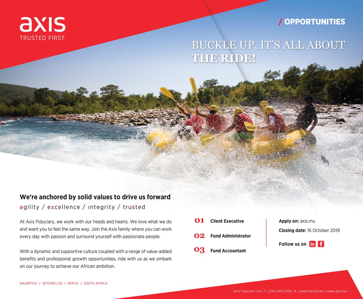 We are hiring! At Axis, our workplace philosophy revolves around working with our heads and hearts, while being surrounded with passionate people.

➡️ axis.mu/our-people-tru…

#Axis #AxisFiduciary #Opportunities #Careers #JoinUs #WorkWithOurHeadsAndHearts #WorkHardPlayHard