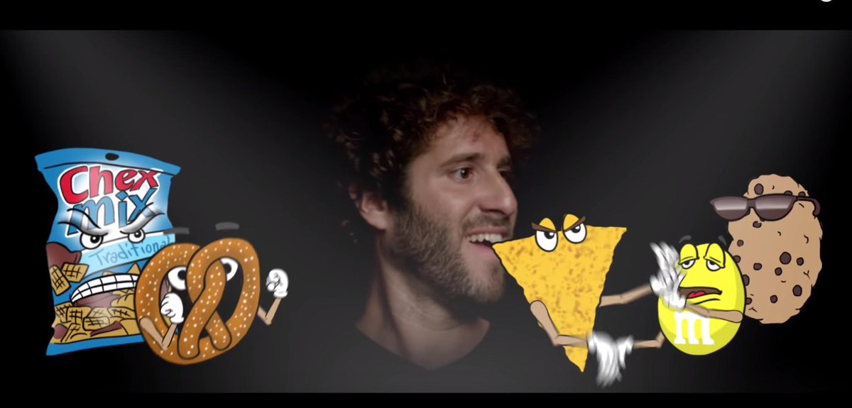 Lil Dicky high looking at food.