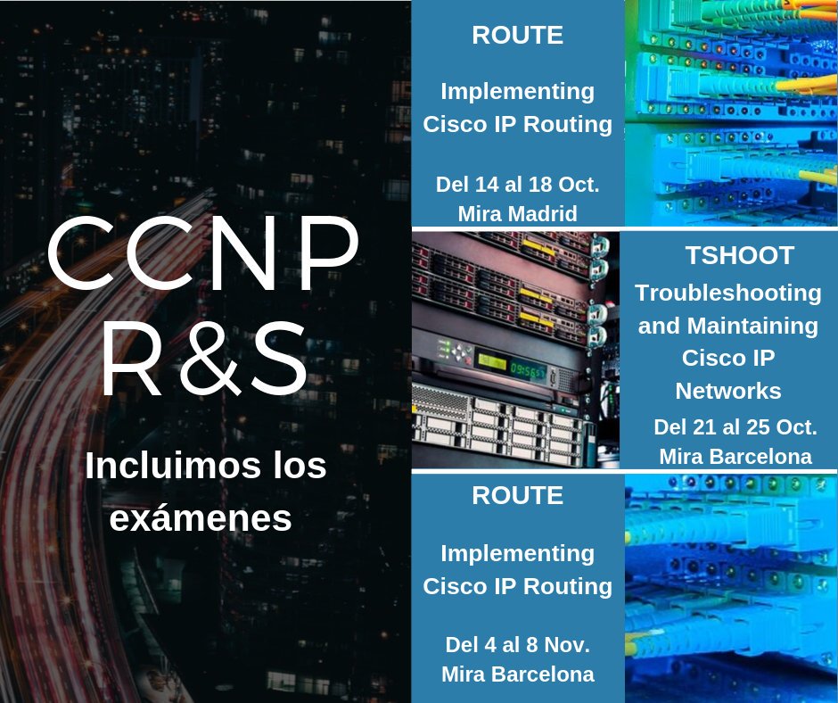 MIRATELECOM's tweet image. Preparate para lograr tu certificación #CCNPR&S antes del gran cambio. Incluimos los #exámenes para lograr todo el #track cómodamente.
Nuestros cursos TSHOOT, ROUTE te ayudaran a lograrlo. Más info aquí bit.ly/2HxZohy contacta en mira@miratelecomunicacions.com 902876701