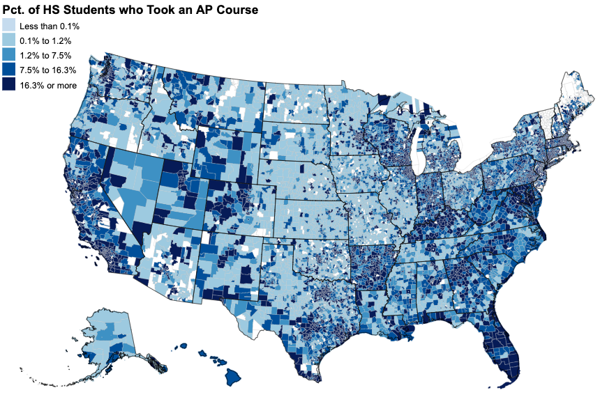 meikled_john's tweet photo. ED has proposed cuts on AP exam reporting from its CRDC. On the chopping block: Identifying disparities in who benefits from AP (beyond taking an AP course) Maps from the intact 2015 CRDC show AP course-takers > AP exam-takers > AP exam-passers @EdTrust 
https://t.co/ZJmD9EAYvv https://t.co/HdxUwMr1Ms