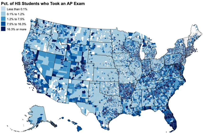 meikled_john's tweet photo. ED has proposed cuts on AP exam reporting from its CRDC. On the chopping block: Identifying disparities in who benefits from AP (beyond taking an AP course) Maps from the intact 2015 CRDC show AP course-takers > AP exam-takers > AP exam-passers @EdTrust 
https://t.co/ZJmD9EAYvv https://t.co/HdxUwMr1Ms