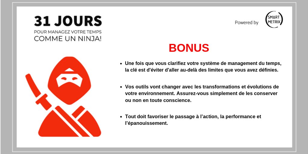 SMART_METRIX_'s tweet image. Nous partageons avec vous des astuces pour améliorer votre système de management du temps. Pour télécharger notre Workbook notre #SmartBook "31 JOURS POUR MANAGER VOTRE TEMPS COMME UN NINJA" cliquez ici bit.ly/2p6UvWB #coaching #business #performance #Entrepreneurship