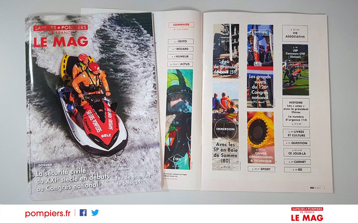 PompiersFR's tweet photo. #VendrediLecture | Le n° d'octobre du #magazine des @PompiersFR est disponible !
Au sommaire du #SPmag : retour sur le #CongrèsSP2019, immersion avec les #pompiers de la baie de #Somme, analyse d'un feu de silo dans le #Nord et zoom sur la mobilisation #75Dday dans le #Calvados. https://t.co/fmOffIVLeP