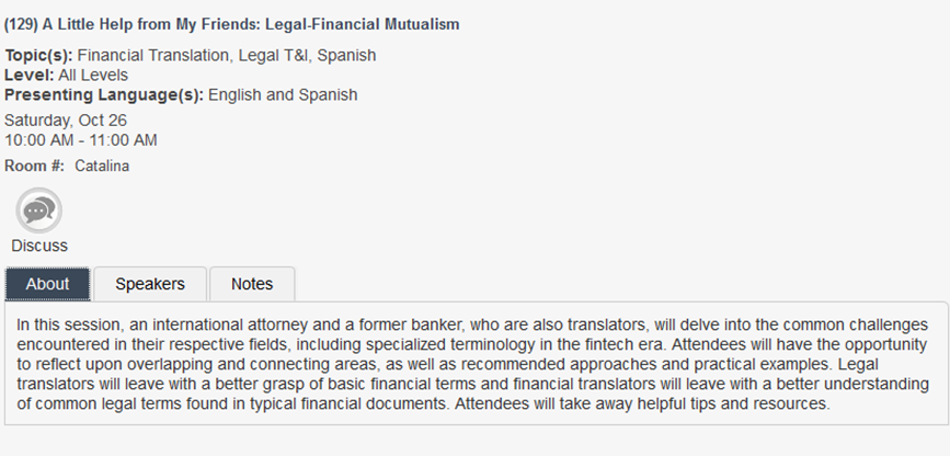 AnaliaBogdan's tweet photo. After you download the #ata60 App, don´t forget to add this session to your schedule! Sat at 10am "A littel Help from My Friends: Legal-Financial Mutualism" featuring Romina Redondo and myself🤓
https://t.co/DiNVcUZued #atamember #financialtranslation @atanet @ATASpanishDiv https://t.co/a4NgoWgfIn