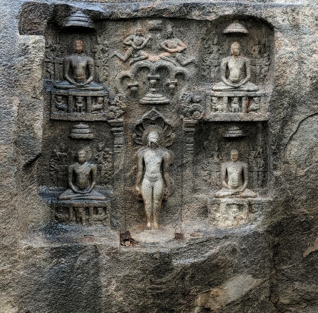 Bas-reliief sculptures of tirthankaras at vallimalai , Vellore district , tamilnadu .There are inscriptions which are are carved in Tamil & Kannada languages. These inscriptions establishes the connection between Tamil Nadu & Karnataka.