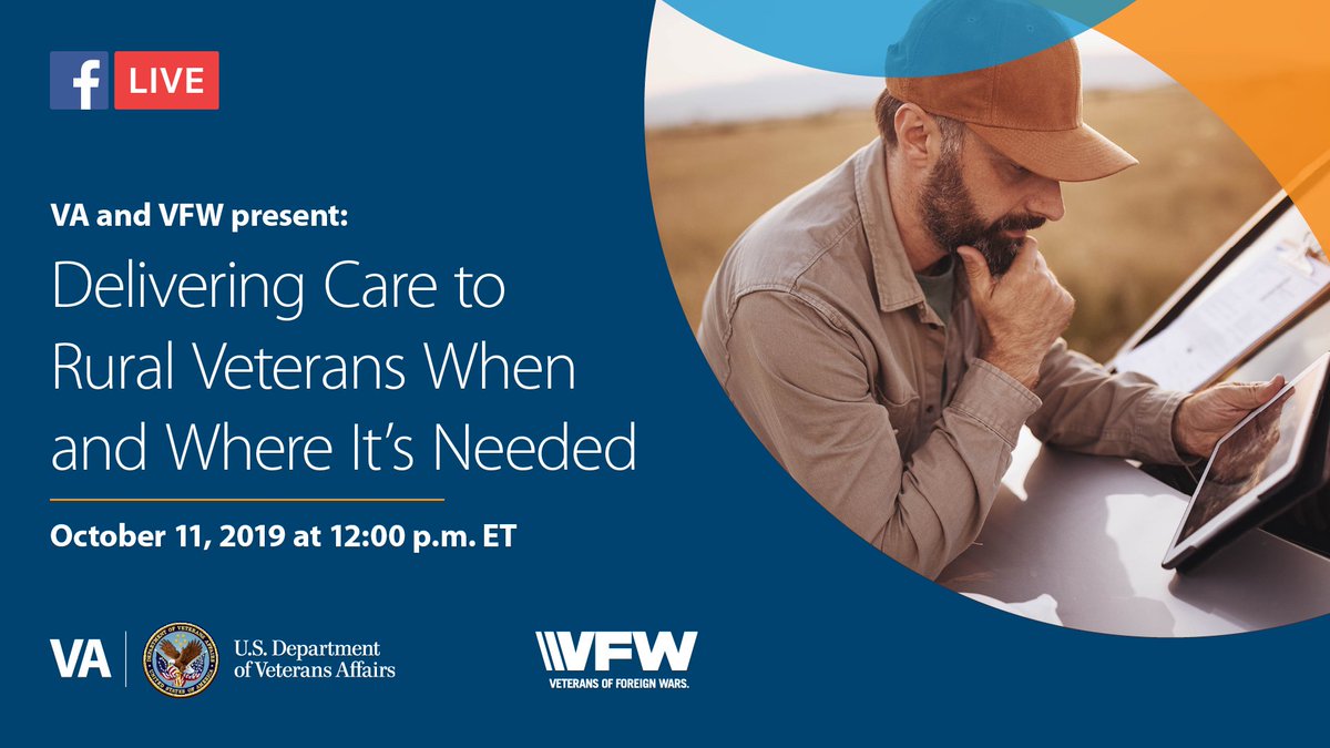 VeteransHealth's tweet image. TODAY: Head over to @VFWHQ Facebook page at 12 noon ET to watch VA and VFW discuss how My HealtheVet, Telehealth, Mobile tools, and other VA technologies can help reduce barriers to care for rural Veterans. Watch it here: bit.ly/VFWandVAFBLive #Care4RuralVeterans