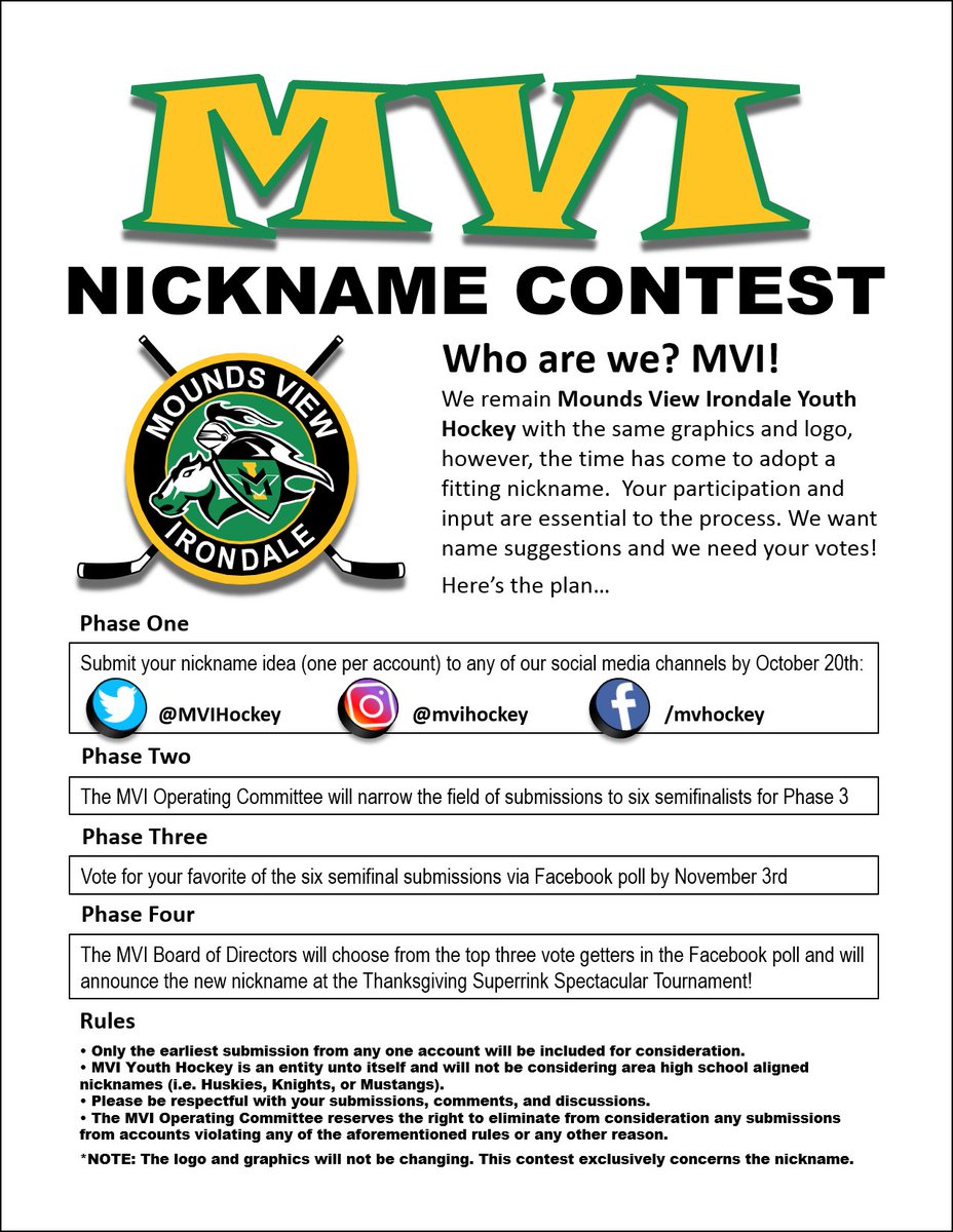 MVIYOUTHHOCKEY's tweet photo. Hey @MVIHockey families, help us choose our new nickname! Reply to this tweet with your name suggestions. Details below and thanks for your participation! https://t.co/b4C4GZWzIx