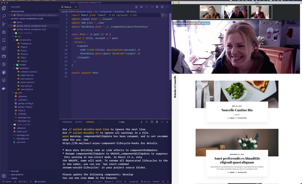 Alexandria, Paulina and Zac looking at code and designs for a Gatsby WP Theme