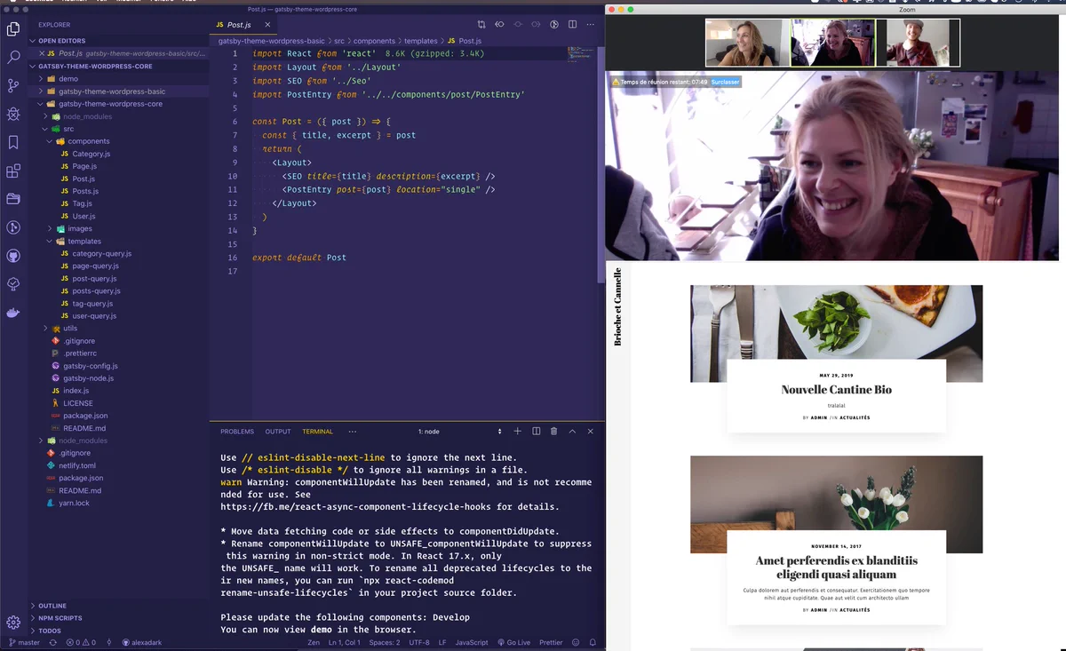 Alexandria, Paulina and Zac looking at code and designs for a Gatsby WP Theme