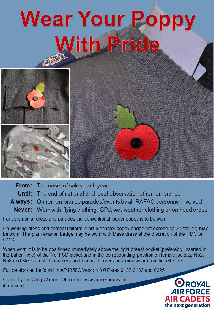 The cadets on our squadron may soon be seen wearing their Poppy with pride. You may notice that the cadets and uniformed staff wear their Poppy on the right and not the left.

This is correct and in their dress regulations.