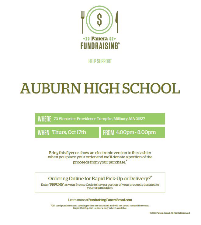 Enjoy dinner at Panera Bread in Millbury on TH, 10/17 between 4 and 8 pm and help support the AHS Class of 2021 at the same time.  You do need to bring a copy of the flyer with you, so please don’t forget...THANK YOU for your support!