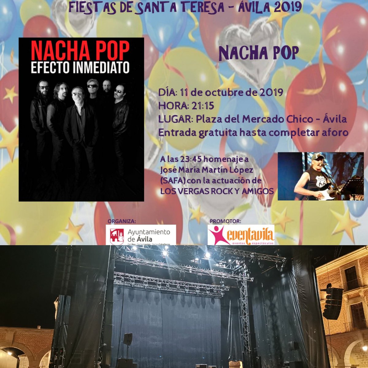 Eventavila's tweet photo. Ya está todo preparado para el comienzo de las #FiestasdeSantaTeresa2019 en #Ávila. Esta noche concierto de @NachaPopOficial y, a continuación, homenaje a Safa. Os esperamos a todos!!! https://t.co/7EH8oYGRkV