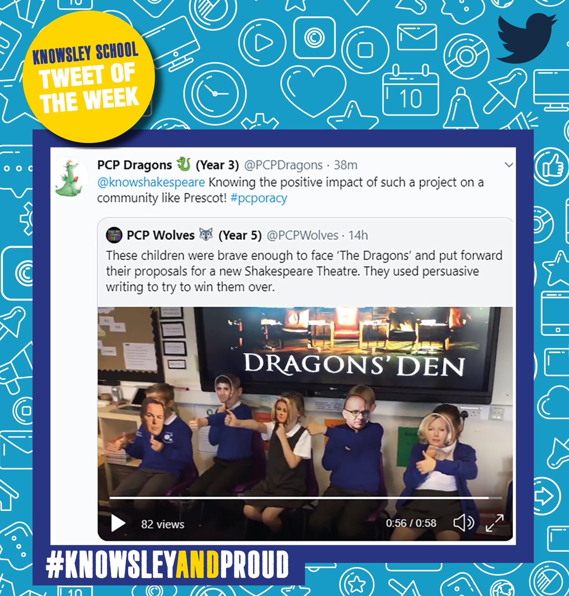 KnowsleyCouncil's tweet photo. Our #Knowsley #SchoolTweetoftheWeek is so good that it has the backing of Dragon’s Den entrepreneur @SaraDaviesCC! Prescot Primary formed their own panel of Dragons &amp; pitched the case for the new #ShakespeareNorthPlayhouse in Prescot. The result? A great big ‘thumbs up’ from all! https://t.co/1kR0FxtaBM