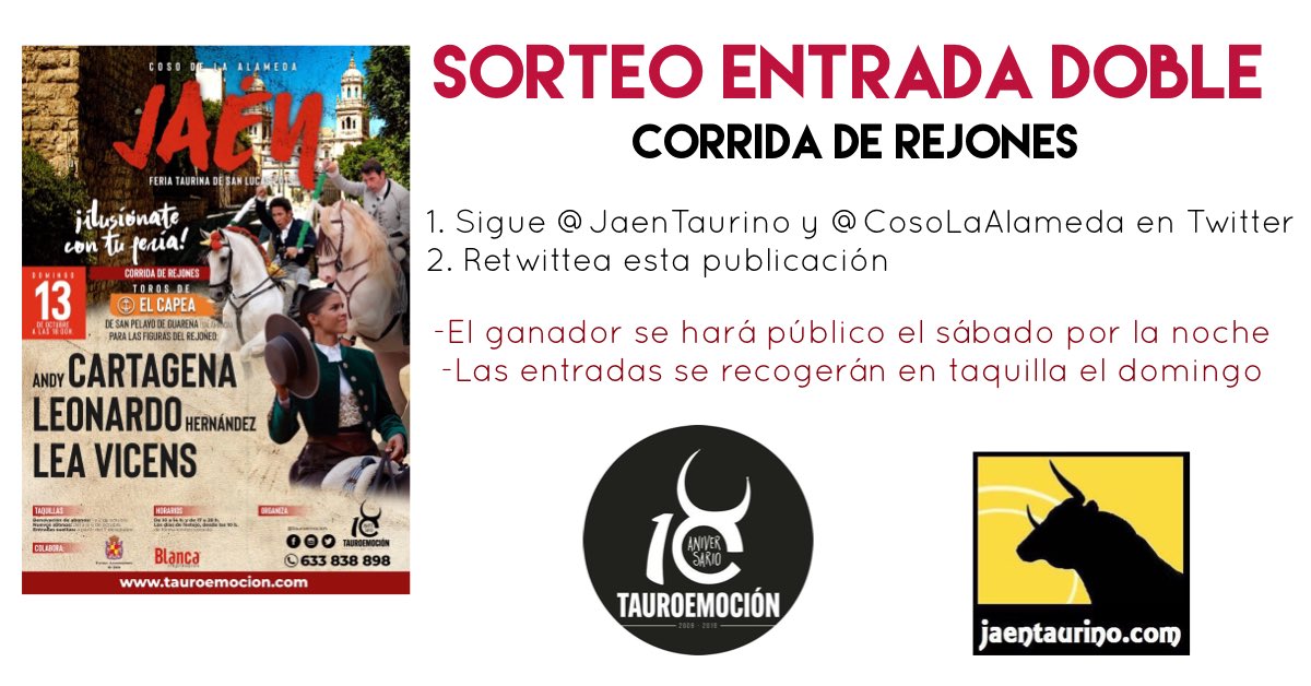 📣SORTEO 📣
Entrada doble para asistir a la corrida de rejones Domingo 1️⃣9️⃣

👉🏻 ¿Qué tienes que hacer?
➡️1. Sigue <a href="/JaenTaurino/">JaénTaurino</a> y @CosoLaAlameda 
➡️2.RT este Tweet 

🏆El ganador se hará público el sábado por la noche 
✉️Las entradas se recogerán en taquilla