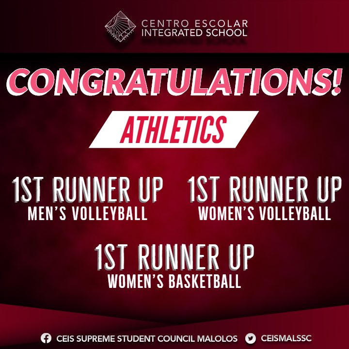 CEISMALSSC's tweet photo. Sa pagtatapos ng ikatlong yugto ng MACIPRISA 2019, narito ang mga nagpamalas ng galing sa larangan ng sports at cultural events.

Magbunyi!

#LabanCEIS
#FeelThePower
#FearTheSting https://t.co/4zW1rcQbxa
