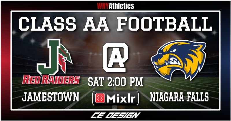 WNYAthletics's tweet photo. LIVE BROADCAST:

Class AA Football – @JHSFootball1 at @NFHS_Athletics

Kickoff is Saturday at 2 p.m.

Listen Live: https://t.co/tg9uF15Rfx https://t.co/qLY1aRkGXG
