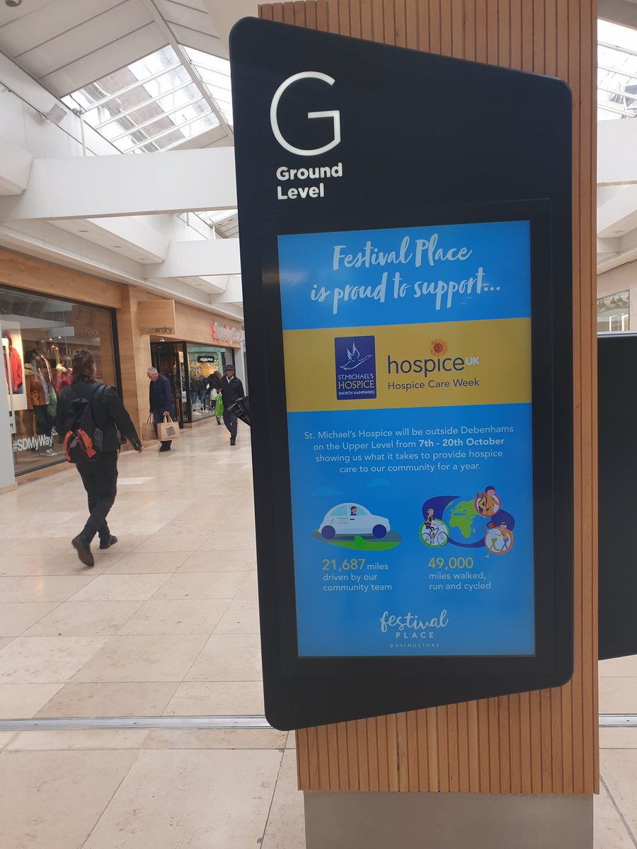 SuzaStevenson's tweet photo. Fantastic to see @smhbasingstoke in action promoting hospice care in its 'takeover' of Festival Place shopping centre in Basingstoke for Hospice Care Week. Their branding featured all over the centre and engaged lots of shoppers #WhatitTakes https://t.co/M96nyLOPDU