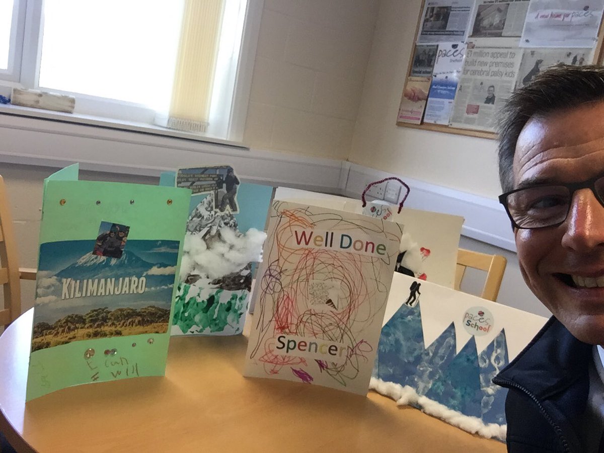 SpencerPitfield's tweet photo. So very grateful to all @Paces_Sheffield pupils and their classes for these simply beautiful #kili4paces congratulations cards - I was so very touched to receive these cards from all pupils & staff at a surprise assembly this afternoon. https://t.co/9WmpXyths3