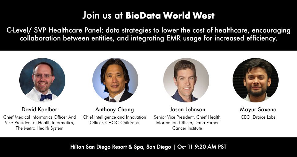 Our CEO, @Mayur1618 is moderating the C-Level Keynote Panel at #BioDataWorldWest in #SanDiego on tackling challenges in #Healthcare industry with David Kaelber (<a href="/metrohealthCLE/">MetroHealth</a>), Anthony Chang (@AIMed_MD) &amp; Jason Johnson (<a href="/DanaFarber/">Dana-Farber</a>)
Don't forget to join us at 9:20 AM PST today.