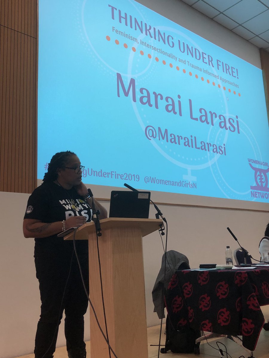 “Greetings, warriors, agitators, trouble makers.” the awesome @MaraiLarasi starts her keynote at 
#ThinkingUnderFire2019 @WomenandGirlsN 💜